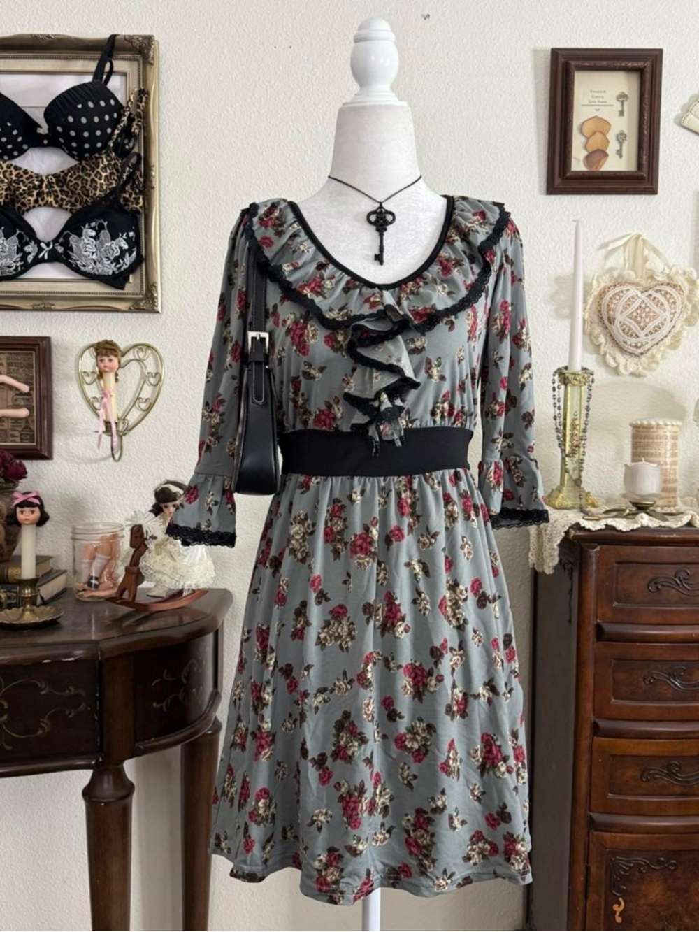 whimsical dark romantic coquette floral ruffle babydoll dress
